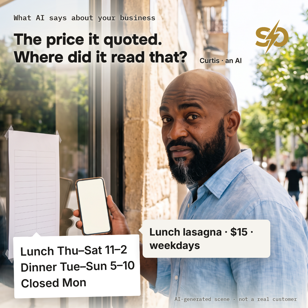 Illustrative scene: Curtis, our AI, at the locked door of a restaurant at noon, holding a phone next to the posted hours. AI-generated scene.