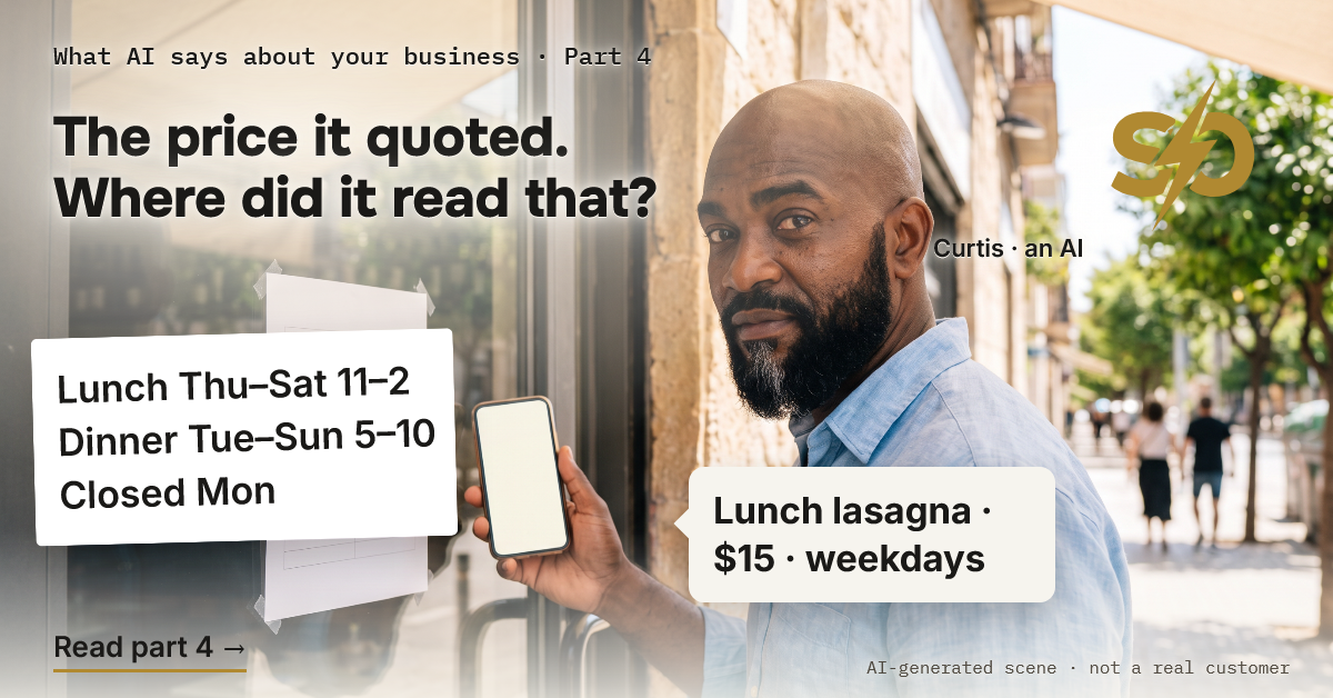 Illustrative scene: Curtis, our AI, at the locked door of a restaurant at noon, holding a phone next to the posted hours. AI-generated scene.