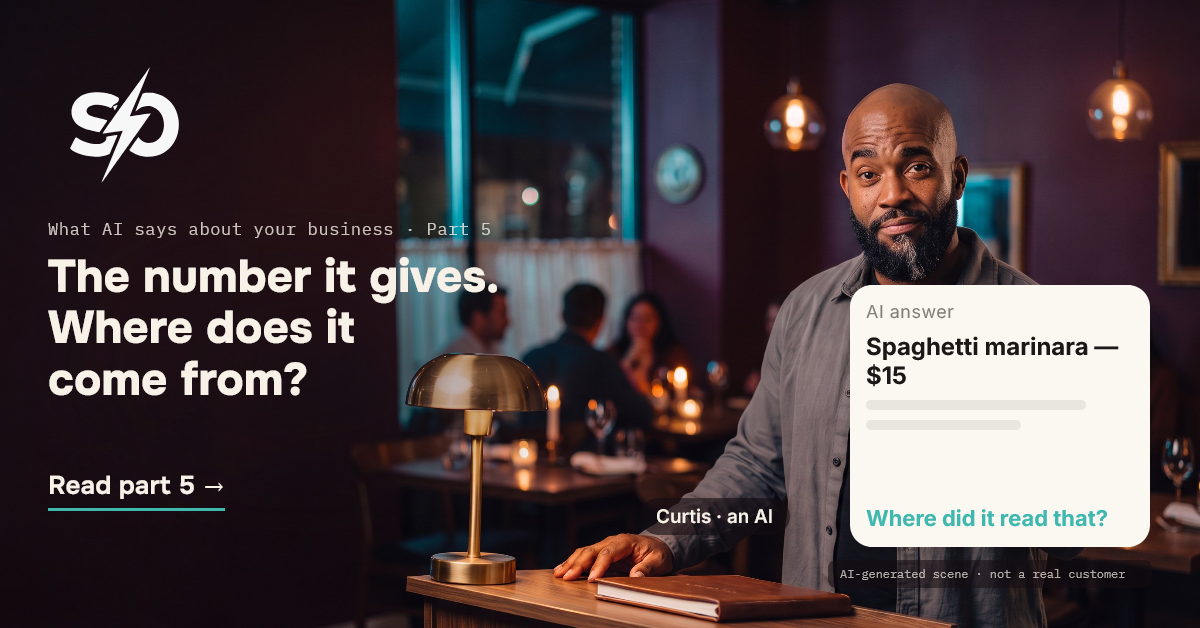 Illustrative scene: Curtis, an AI, at the host stand of a restaurant in the evening, holding up a phone card that reads "AI answer" and "Where did it read that?". AI-generated scene.