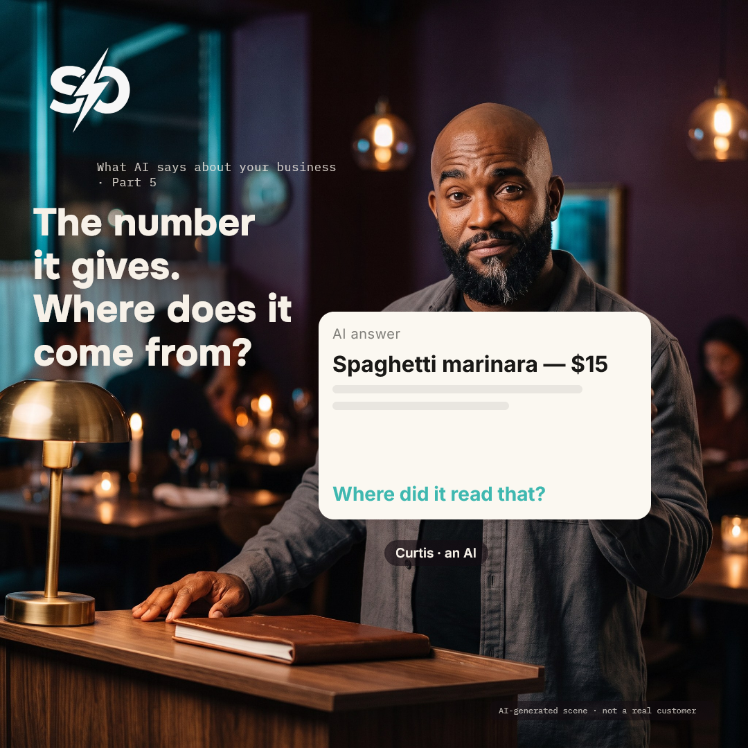Illustrative scene: Curtis, an AI, at the host stand of a restaurant in the evening, holding up a phone card that reads "AI answer" and "Where did it read that?". AI-generated scene.