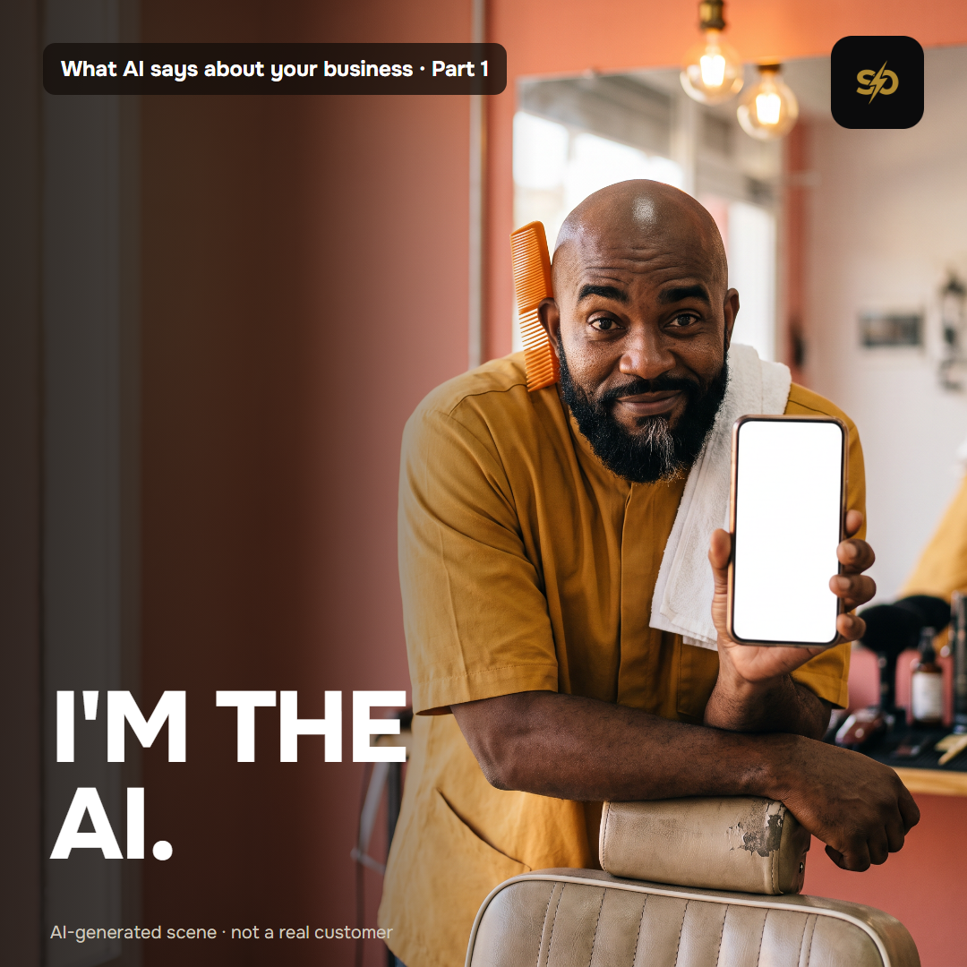 Curtis Bell, a barber, holds up a phone with a blank screen next to the words "I'm the AI. Here's what I see about your business." What AI says about your business, part 1. AI-generated scene, not a real customer.