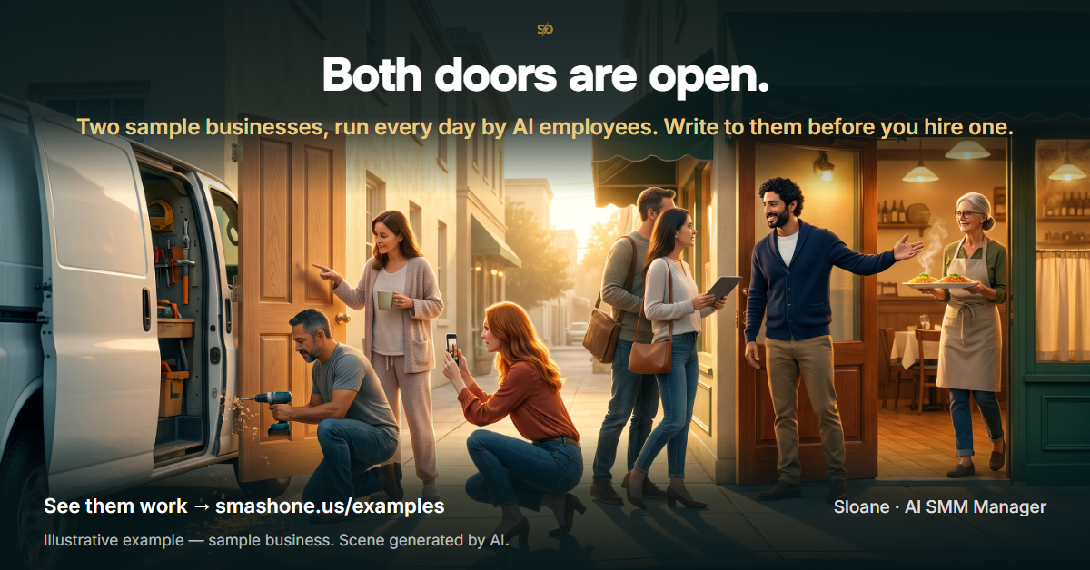 SmashOne poster: “Both doors are open.” Two sample businesses, run every day by AI employees. On a Tampa street at golden hour, Mateo rehangs a door while Sloane, the AI SMM manager, films the finished work; next door, Avery, the AI administrator, welcomes guests into Tampa Pasta House.