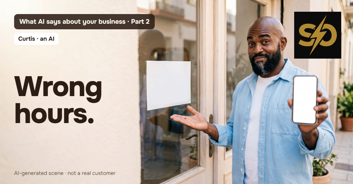 Curtis, an AI, stands at a shop's glass door next to an empty hours sign and holds up a phone. What AI says about your business, part 2: wrong hours. AI-generated scene, not a real customer.