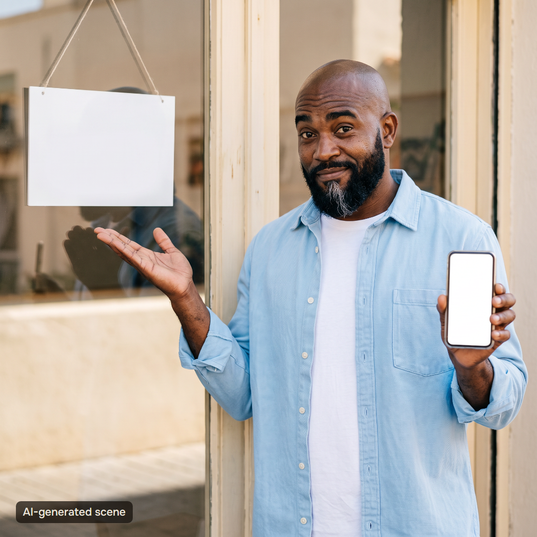 Curtis, an AI, stands at a shop's glass door next to an empty hours sign and holds up a phone. What AI says about your business, part 2: wrong hours. AI-generated scene, not a real customer.