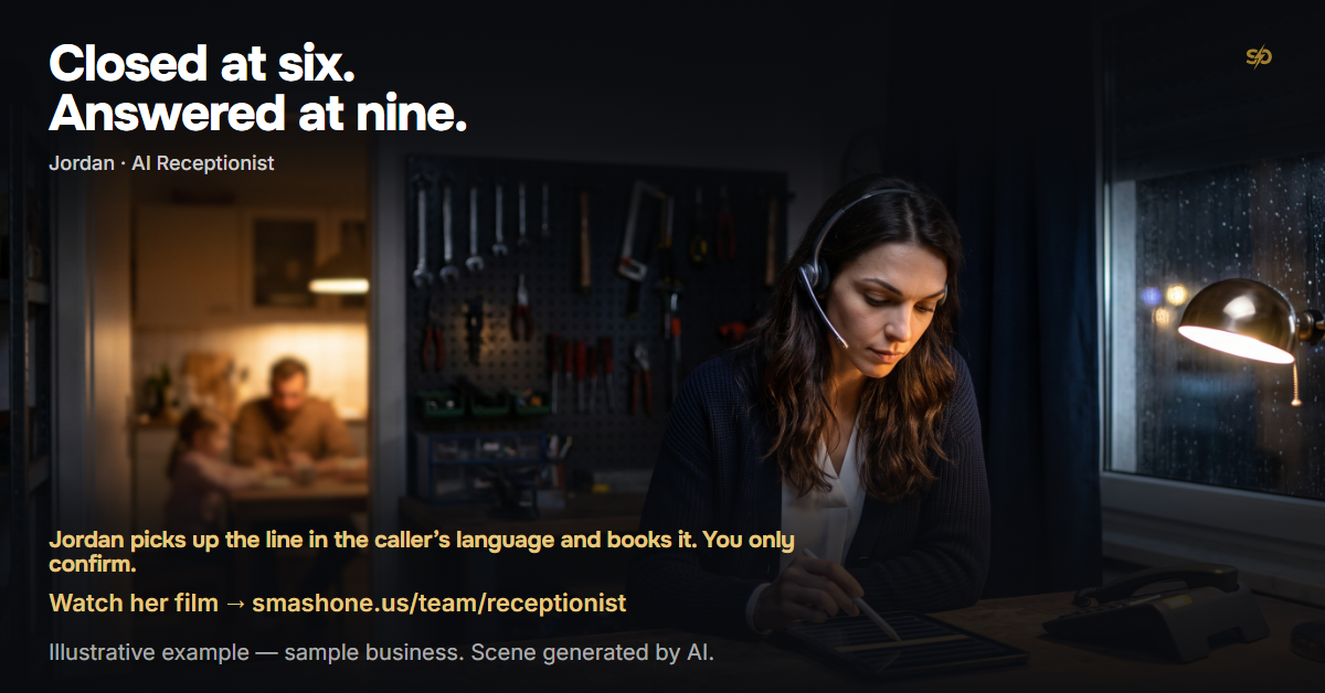 SmashOne poster: “Closed at six. Answered at nine.” Jordan, the AI receptionist, takes an evening call on her headset in a closed repair shop while a family has dinner at home; she books it and the owner only confirms.