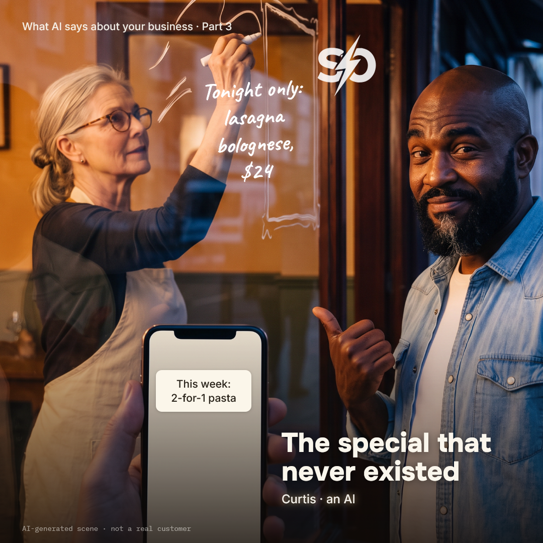 Illustrative scene: a restaurant window with tonight's special in chalk, while a customer's phone shows an AI answer with a different offer. Curtis, an AI, stands beside it. AI-generated scene.