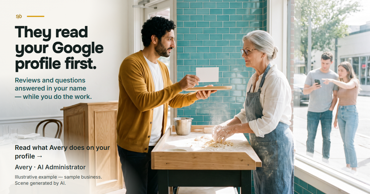 SmashOne poster: “They read your Google profile first.” In the bright Tampa Pasta House dining room, Avery, the AI administrator, hands Margaret a reply card from a wooden tray while she works the pasta dough; outside the window a young couple reads a phone and points toward the door.