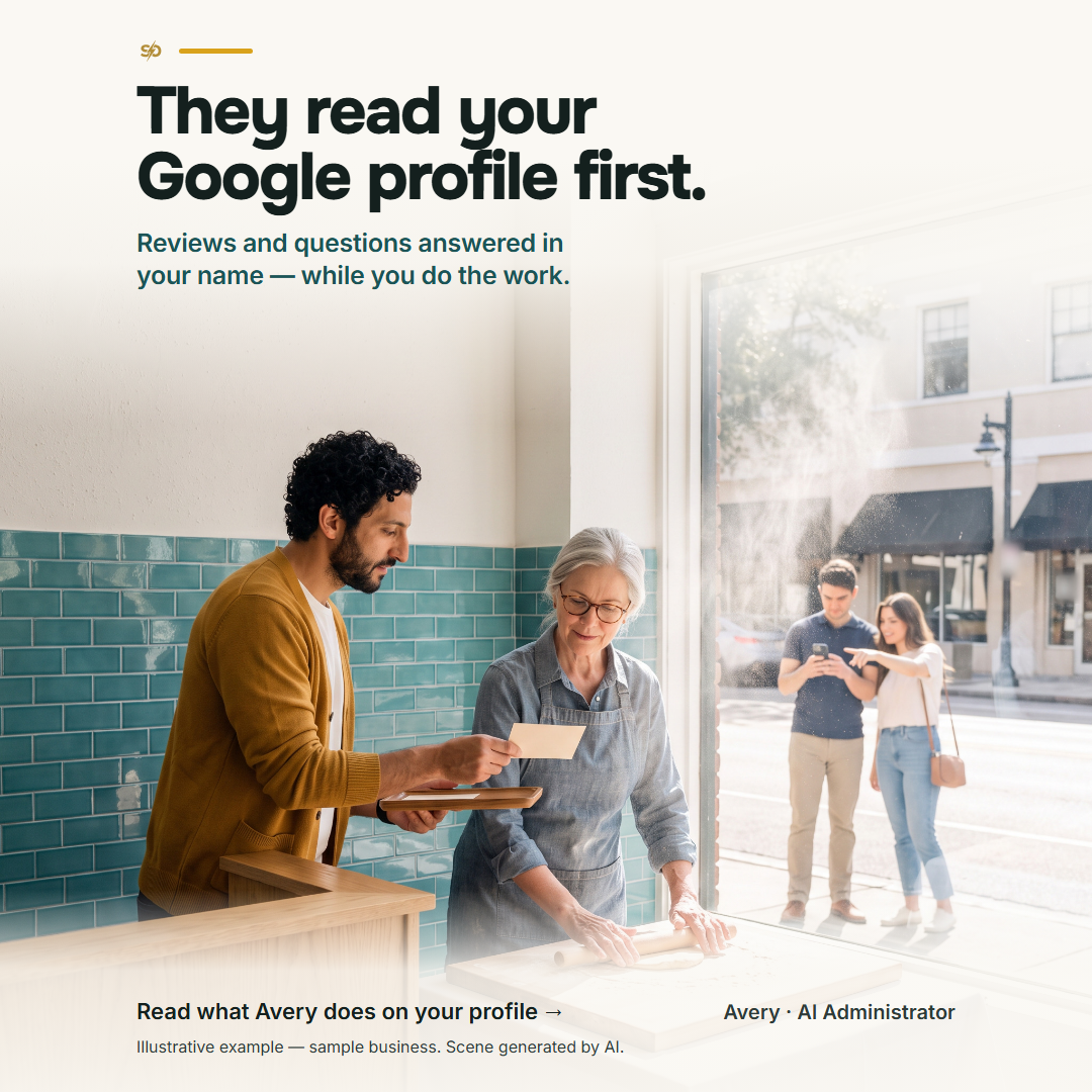 SmashOne poster: “They read your Google profile first.” In the bright Tampa Pasta House dining room, Avery, the AI administrator, hands Margaret a reply card from a wooden tray while she works the pasta dough; outside the window a young couple reads a phone and points toward the door.