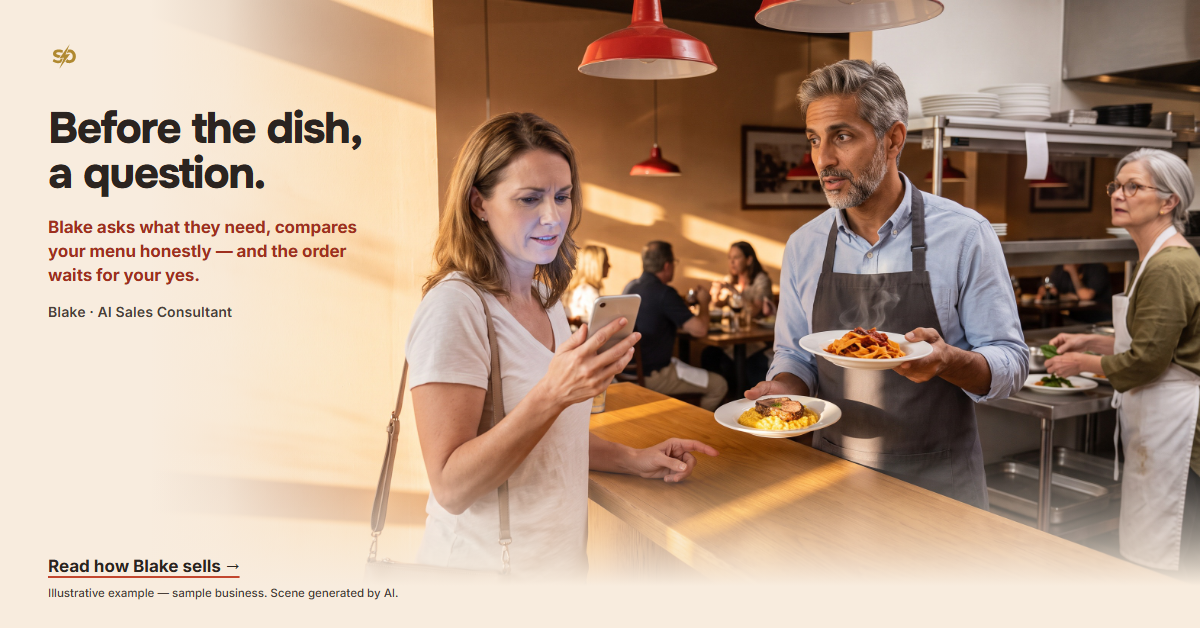 SmashOne poster, article: “Before the dish, a question.” In the dining room of Tampa Pasta House on a Friday evening, a guest holds her phone screen to her own face and reaches across the counter toward one of two small tasting plates that Blake, the AI Sales Consultant, holds out to her; at the pass behind them Margaret, both hands full, glances up at the single ticket on the rail and nods.