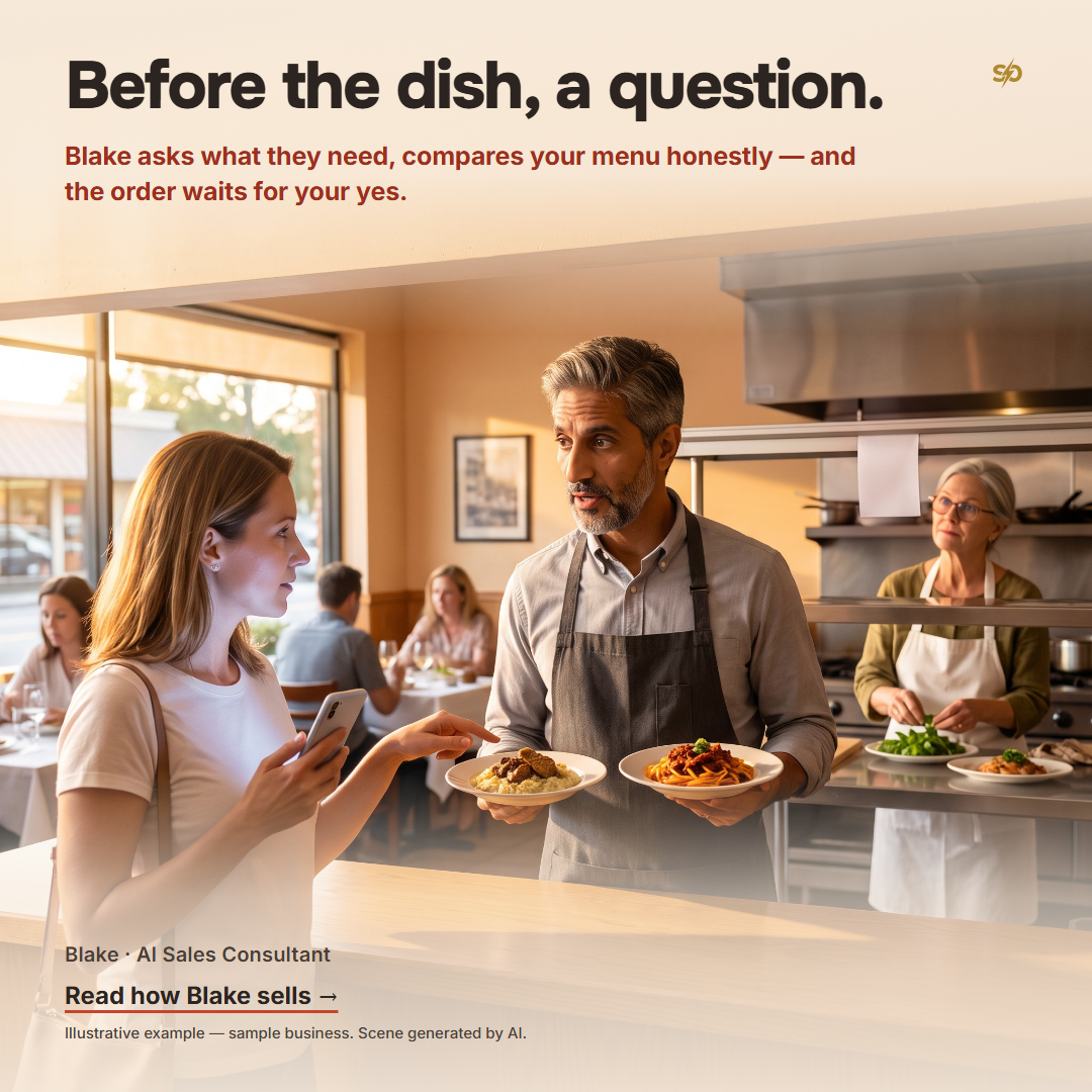 SmashOne poster, article: “Before the dish, a question.” In the dining room of Tampa Pasta House on a Friday evening, a guest holds her phone screen to her own face and reaches across the counter toward one of two small tasting plates that Blake, the AI Sales Consultant, holds out to her; at the pass behind them Margaret, both hands full, glances up at the single ticket on the rail and nods.
