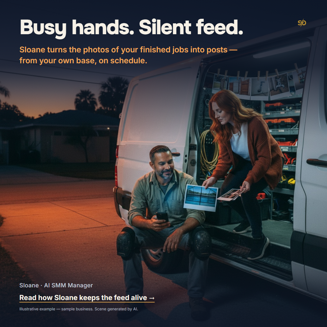 SmashOne poster, article: “Busy hands. Silent feed.” At dusk on a Tampa driveway, Mateo sits on the step of his open work van with his phone lighting his face from below and looks up as Sloane, the AI SMM Manager, steps out of the van and holds out a square print of the pool-cage screen he replaced today; behind her, under the van’s white work lamp, a line of the same square prints hangs on a cord with clothespins.