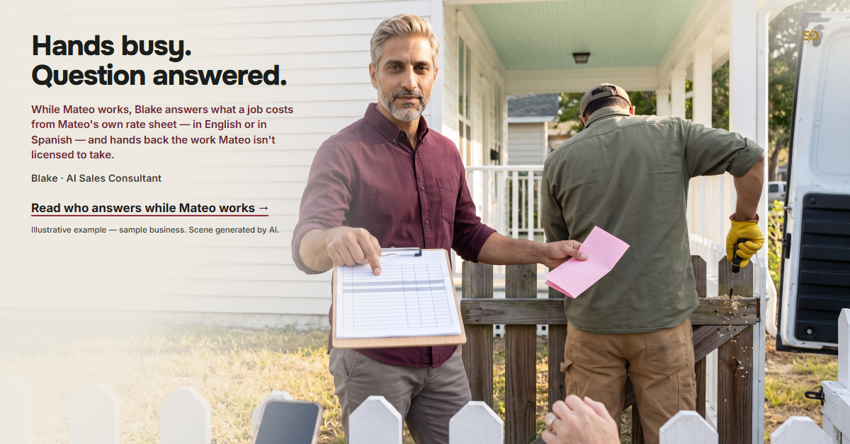 SmashOne poster, article: “Hands busy. Question answered.” Seen from behind a low garden fence, where a hand rests with a phone, Blake, the AI sales consultant, holds a rate sheet out toward the viewer with one line ticked, and with his other hand passes a folded blank pink slip back over his shoulder to Mateo, a handyman seen from behind who leans his whole weight into a sagging gate on a bright Tampa morning.
