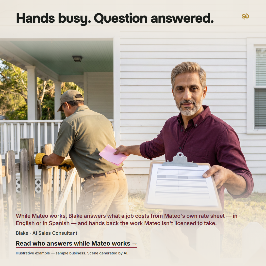SmashOne poster, article: “Hands busy. Question answered.” Seen from behind a low garden fence, where a hand rests with a phone, Blake, the AI sales consultant, holds a rate sheet out toward the viewer with one line ticked, and with his other hand passes a folded blank pink slip back over his shoulder to Mateo, a handyman seen from behind who leans his whole weight into a sagging gate on a bright Tampa morning.
