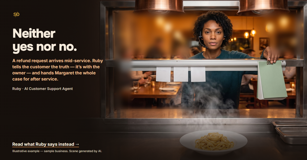 SmashOne poster, article: “Neither yes nor no.” Seen from behind a restaurant pass, where a chef’s floured hands twirl pasta onto a steaming plate under copper heat lamps, Ruby, the AI customer support agent, wearing a headset, looks straight at the viewer from the warm dining room side and clips a thick sage-green folder to the very end of the ticket rail, after the last of three white order tickets, while the dining room behind her is a blur of motion.