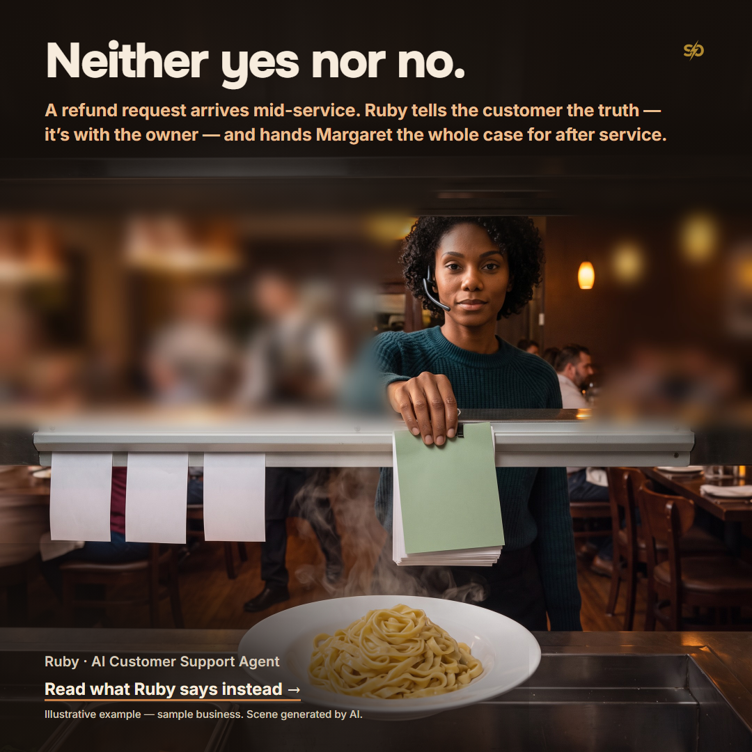 SmashOne poster, article: “Neither yes nor no.” Seen from behind a restaurant pass, where a chef’s floured hands twirl pasta onto a steaming plate under copper heat lamps, Ruby, the AI customer support agent, wearing a headset, looks straight at the viewer from the warm dining room side and clips a thick sage-green folder to the very end of the ticket rail, after the last of three white order tickets, while the dining room behind her is a blur of motion.