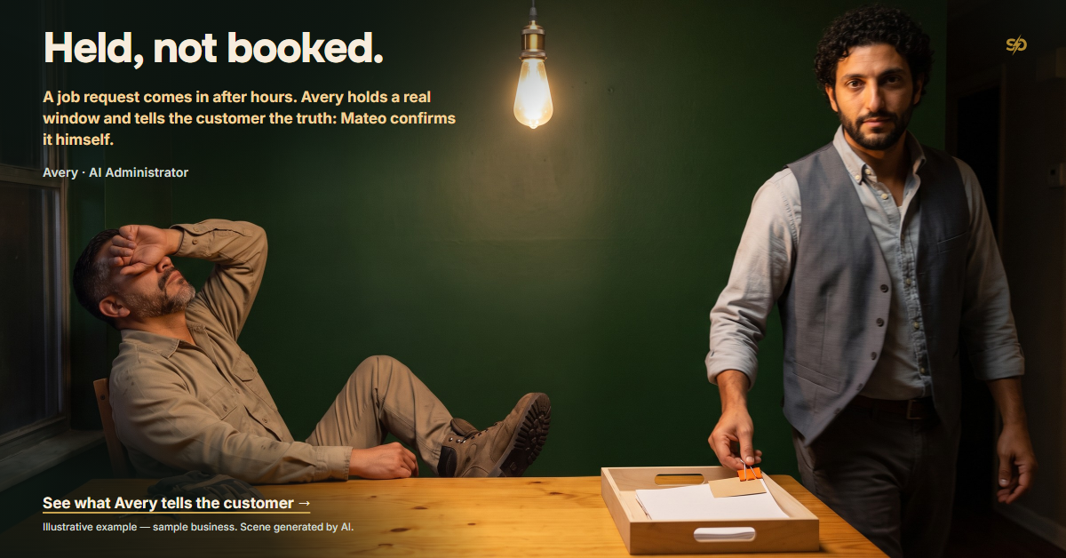 SmashOne poster, article: "Held, not booked." In a dark kitchen under one bare bulb, Avery, the AI administrator, in a gray vest, looks at the viewer as he snaps a bright orange clip onto a card in a birch tray, while the owner leans back in his chair with an arm over his eyes and his work boots up on the table.
