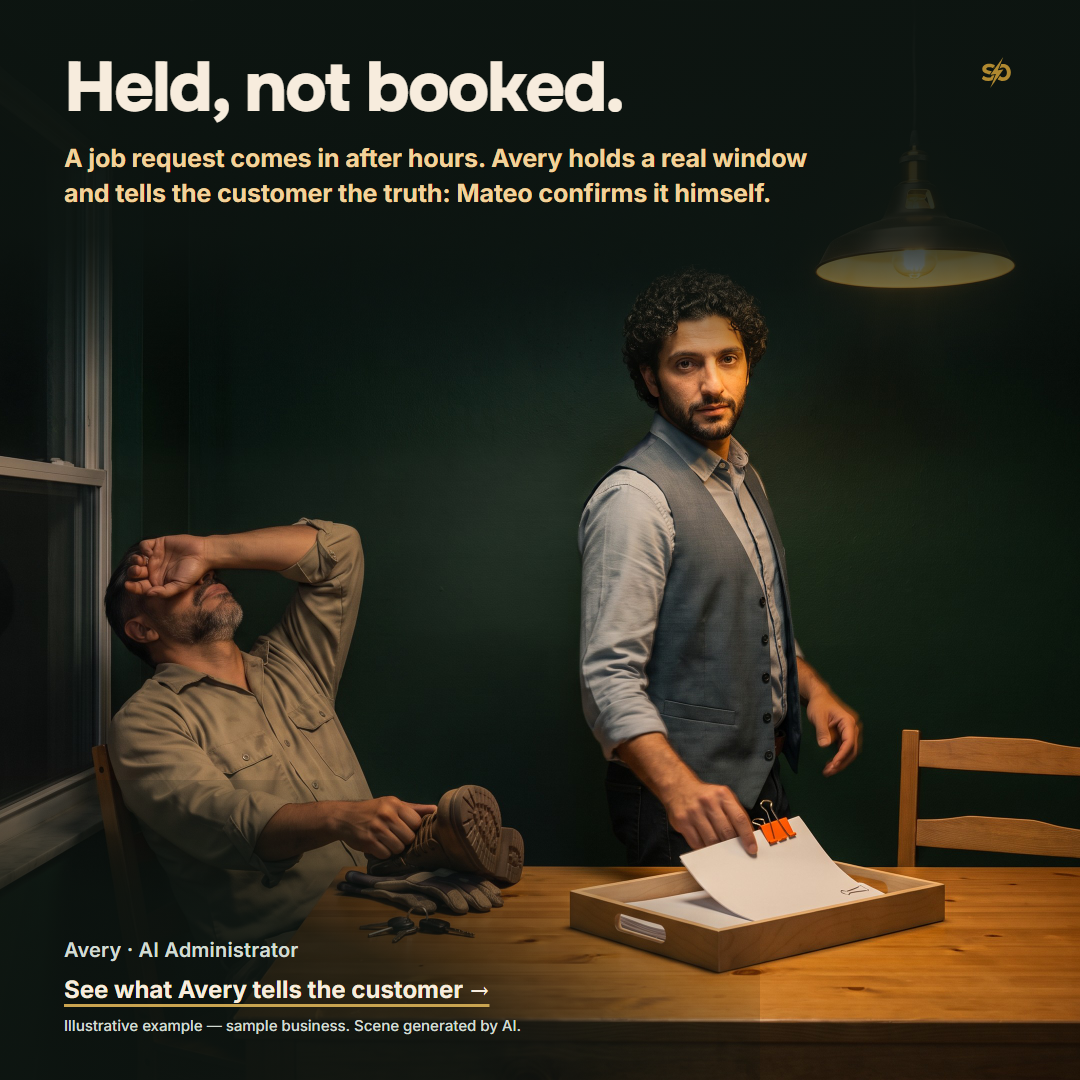 SmashOne poster: "Held, not booked." Under a shaded lamp, Avery drops a clipped card in a tray as the tired owner leans back.
