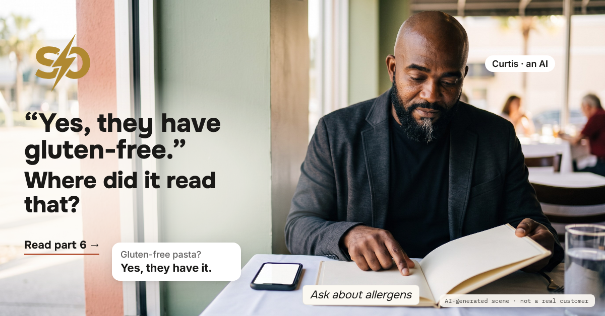 Illustrative scene: Curtis, an AI, at a window table of a restaurant at lunchtime, a phone beside the open menu shows the card "Gluten-free pasta? Yes, they have it." AI-generated scene.