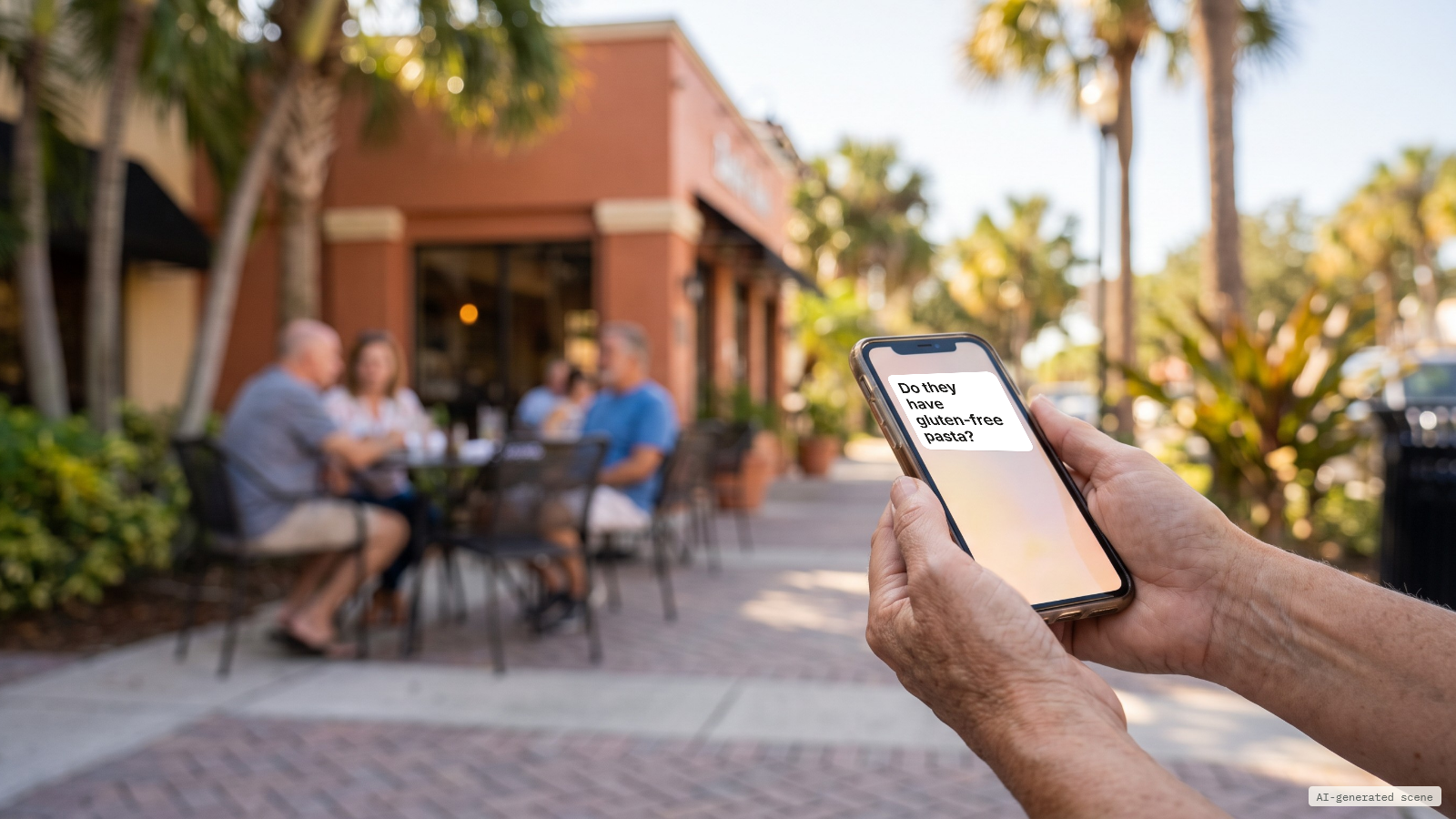 Illustrative scene: a street outside a restaurant at lunchtime, a guest's hands holding a phone with a question on the screen. AI-generated scene.