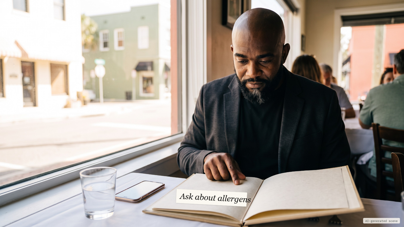 Illustrative scene: Curtis, an AI, at a restaurant table, running a finger down the menu; the only readable line is "Ask about allergens". AI-generated scene.