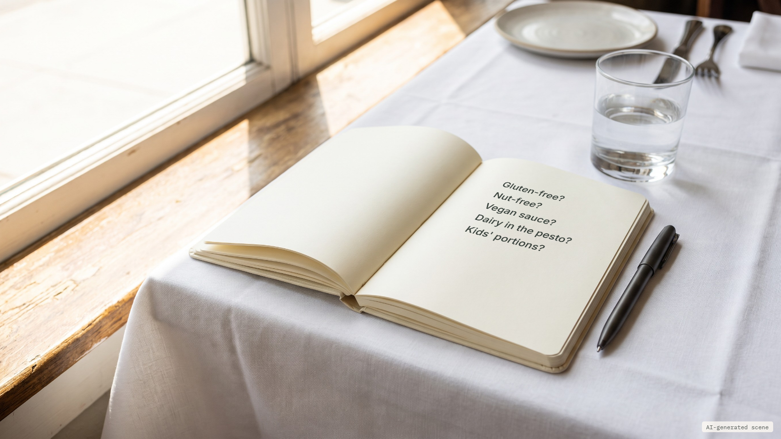 Illustrative scene: a notepad with five short lines of guest questions and a pen on a table. AI-generated scene.