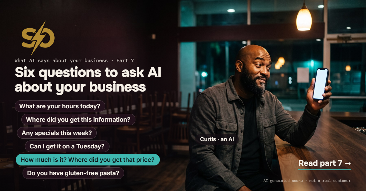 Illustrative scene: Curtis, an AI, in a closed restaurant at night, six short questions to an AI assistant floating as chat bubbles, one highlighted. AI-generated scene.