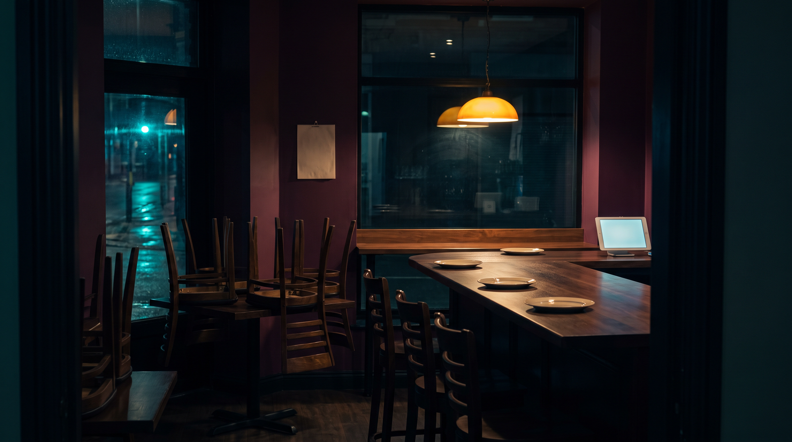 Illustrative scene: an empty restaurant dining room after closing, chairs upturned on the tables. AI-generated scene.