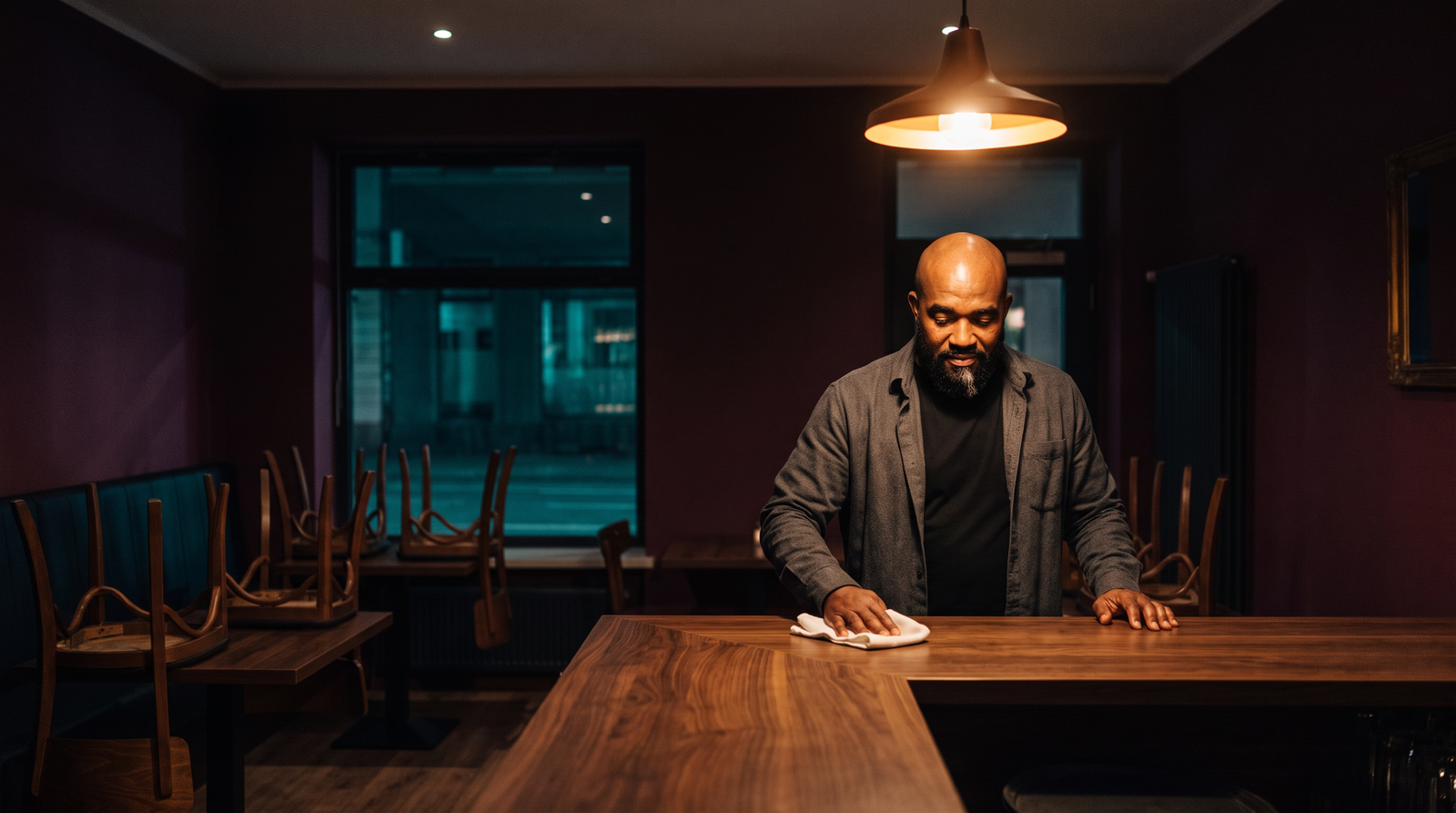 Illustrative scene: Curtis, an AI, wiping down the counter of a closed restaurant at night. AI-generated scene.