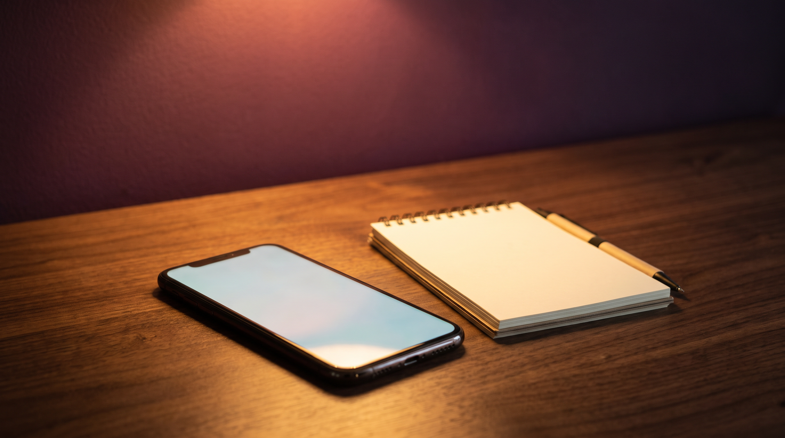 Illustrative scene: a phone and a blank notepad on a counter under a lamp. AI-generated scene.