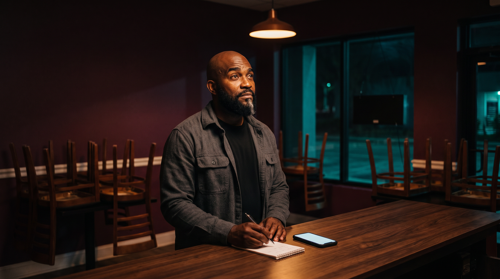Illustrative scene: Curtis, an AI, at the counter with a notepad, looking up. AI-generated scene.