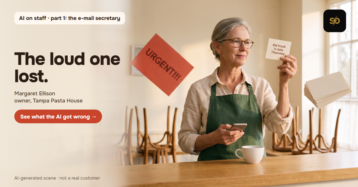 Illustrative scene: Margaret, the owner of a small Italian restaurant, sorts the morning's e-mails at the counter; a loud red "URGENT" card is pushed aside while a small card reading "the truck is now Thursday" is lifted up. AI-generated scene.