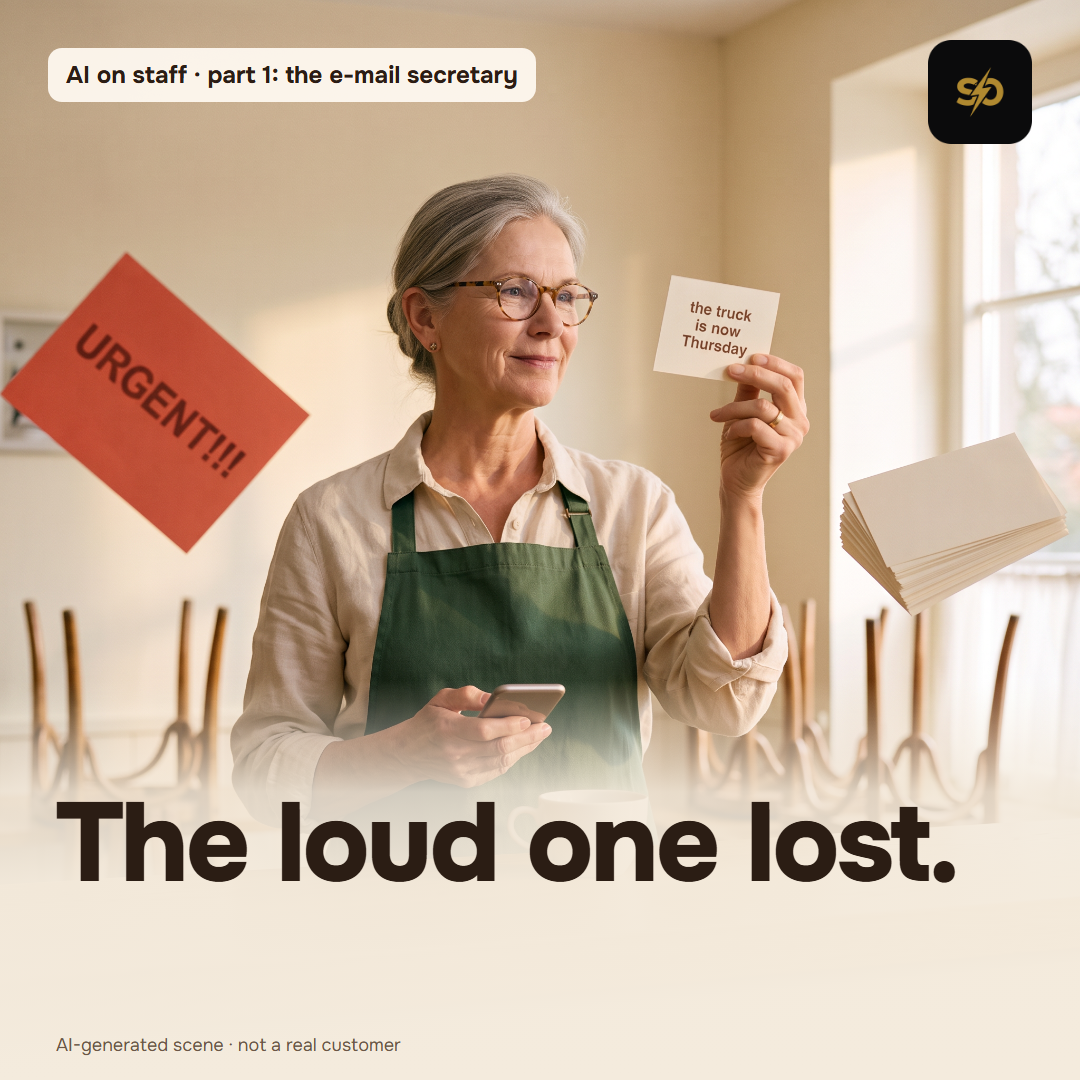 Illustrative scene: Margaret, the owner of a small Italian restaurant, sorts the morning's e-mails at the counter; a loud red "URGENT" card is pushed aside while a small card reading "the truck is now Thursday" is lifted up. AI-generated scene.