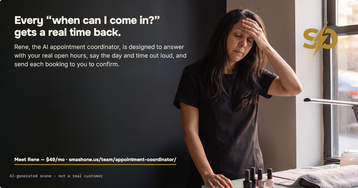 Illustrative scene: a nail salon owner standing at her work table, one hand pressed to her forehead, with nail polish bottles and a folded towel in front of her. AI-generated scene.
