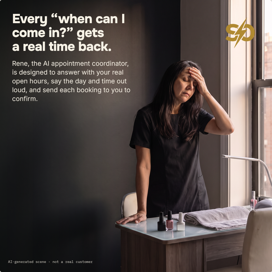 Illustrative scene: a nail salon owner standing at her work table, one hand pressed to her forehead, with nail polish bottles and a folded towel in front of her. AI-generated scene.