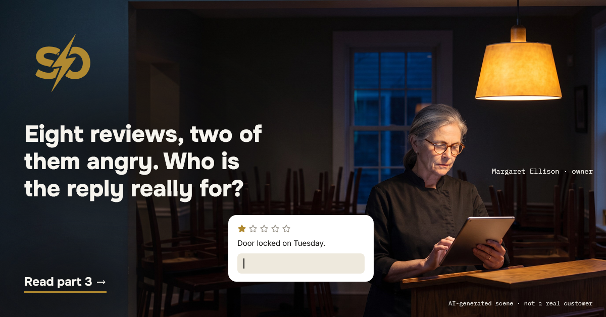 Illustrative scene: Margaret Ellison, owner of a family restaurant, after closing in an empty dining room, reading a one-star review on a tablet with an empty reply below it. AI-generated scene.
