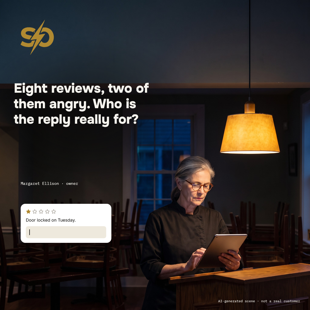 Illustrative scene: Margaret Ellison, owner of a family restaurant, after closing in an empty dining room, reading a one-star review on a tablet with an empty reply below it. AI-generated scene.