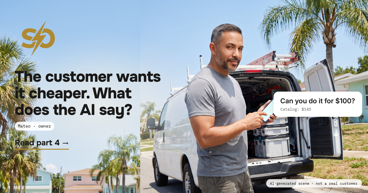 Illustrative scene: a handyman next to his open van on a sunny Tampa street reads a message on his phone, "Can you do it for $100?", with the catalog price below. AI-generated scene.