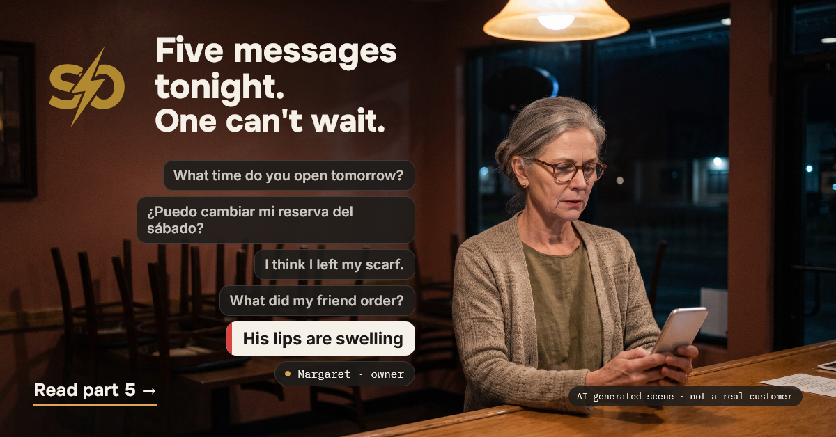Illustrative scene: a closed restaurant at night, chairs on the tables, one lamp, a phone with five message cards, one marked "His lips are swelling". AI-generated scene.