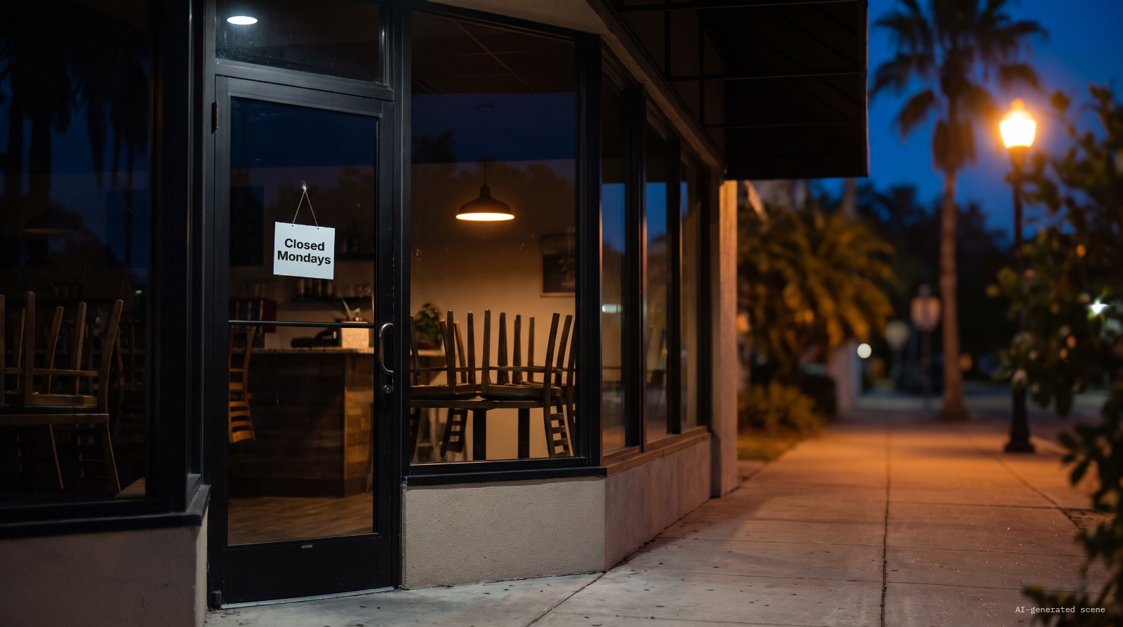 Illustrative scene: a restaurant storefront at night, a "Closed Mondays" sign on the glass door, chairs on the tables inside, a street lamp and palm trees outside. AI-generated scene.