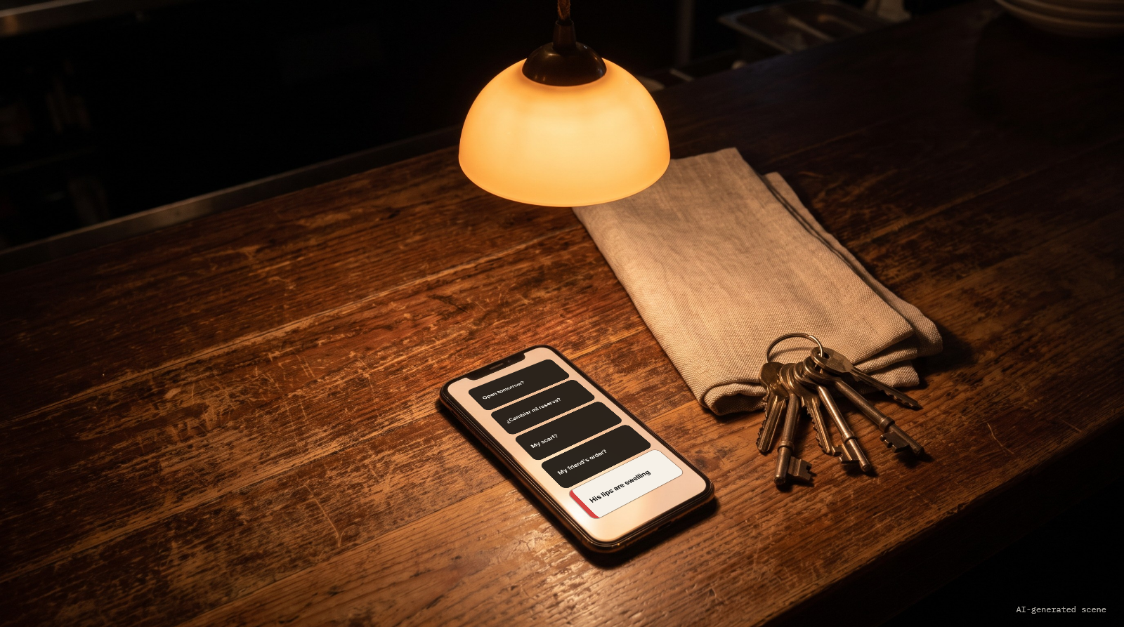 Illustrative scene: a phone on a wooden counter under a lamp, five message cards on its screen, the last one marked "His lips are swelling", keys and a folded napkin beside it. AI-generated scene.
