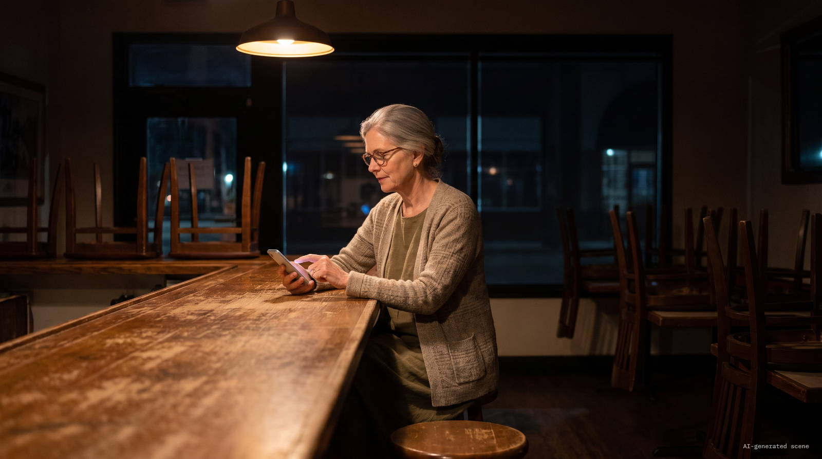 Illustrative scene: Margaret, the owner, alone at the counter of her closed restaurant at night, chairs on the tables, reading her phone. AI-generated scene.