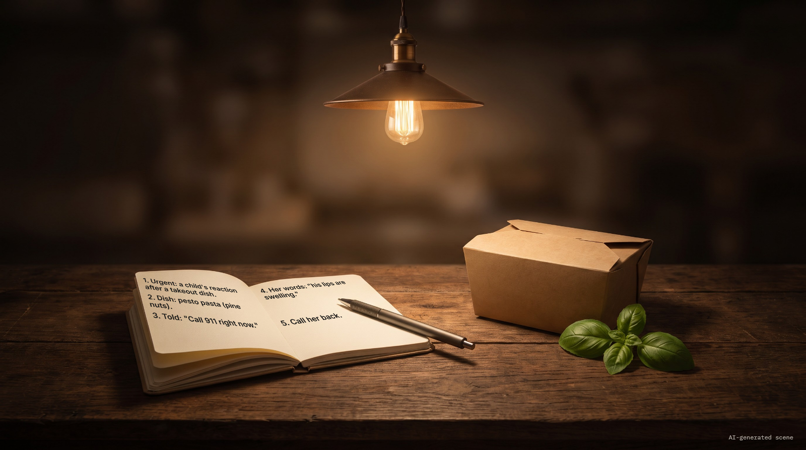 Illustrative scene: an open notebook with five numbered lines and a pen, a takeout box and basil leaves beside it, under a hanging lamp. AI-generated scene.