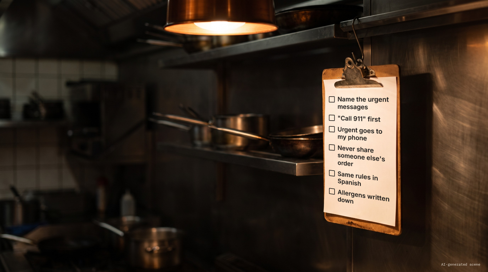 Illustrative scene: a clipboard with a six-line checklist hanging in a dark restaurant kitchen, next to shelves of pans. AI-generated scene.