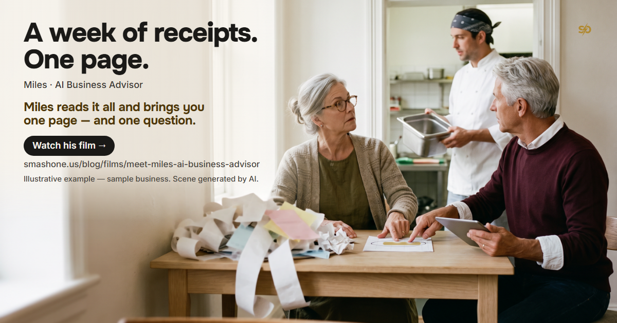 SmashOne poster: “A week of receipts. One page.” Miles, the AI business advisor, sits at a café table with the owner beside a heap of receipts and points to one line on a single page, while the cook waits in the kitchen doorway. Miles reads it all and brings you one page and one question.