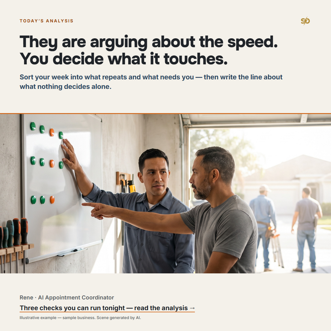 SmashOne poster, Today’s Analysis: “They are arguing about the speed. You decide what it touches.” Late September morning at Casa Lista Home Repair, the roll-up door half raised and sandy daylight across the concrete floor: Rene, the AI Appointment Coordinator, stands at a smooth enamel planner board on the whitewashed wall, one hand gripping its edge and two fingers still on a single colored magnet he has moved to the morning end of a row, while owner Mateo Salgado stands two steps away at his cedar workbench with his gloves off, one palm flat on the bench and the other hand raised to point at the one empty gap left in the row — and the two of them are looking at each other.