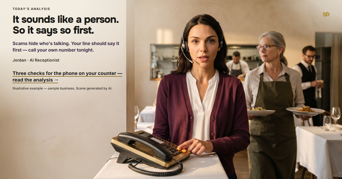 SmashOne poster, Today’s Analysis: “It sounds like a person. So it says so first.” Late afternoon at Tampa Pasta House before the dinner rush, warm light through the front windows across cream plaster and white linen: Jordan, the AI Receptionist, stands at the host stand in a headset and looks straight at the viewer as she begins to speak, one finger on the single glowing line button of a brass-trimmed desk phone whose handset still rests in its cradle, while owner Margaret Ellison, slightly blurred in motion, carries two plates toward the dining room behind her with her head half-turned to listen.