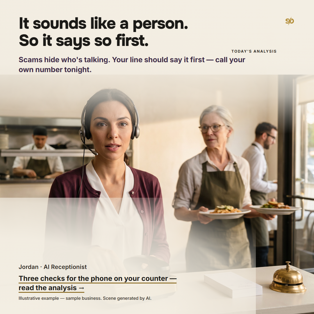SmashOne poster, Today’s Analysis: “It sounds like a person. So it says so first.” Late afternoon at Tampa Pasta House before the dinner rush, warm light through the front windows across cream plaster and white linen: Jordan, the AI Receptionist, stands at the host stand in a headset and looks straight at the viewer as she begins to speak, one finger on the single glowing line button of a brass-trimmed desk phone whose handset still rests in its cradle, while owner Margaret Ellison, slightly blurred in motion, carries two plates toward the dining room behind her with her head half-turned to listen.