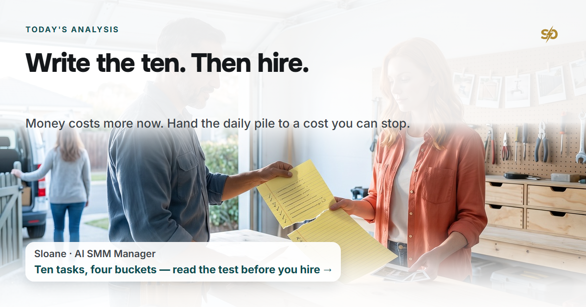 Mateo, a one-man handyman, and Sloane, his AI SMM manager, tear a yellow list of ten pencil strokes in two across his workbench in the morning light of an open workshop door, while a customer waits at the gate outside.