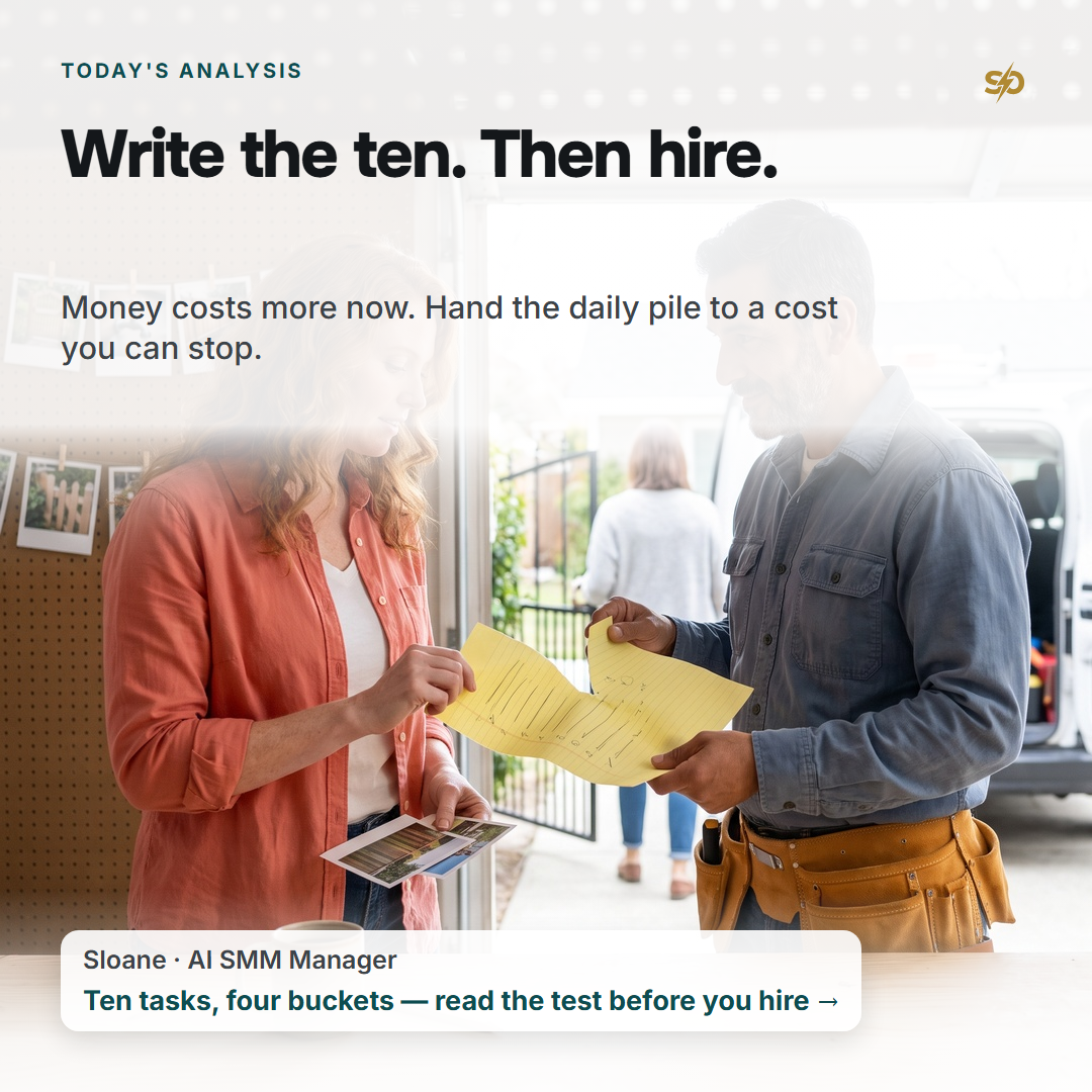 Mateo, a one-man handyman, and Sloane, his AI SMM manager, tear a yellow list of ten pencil strokes in two across his workbench in the morning light of an open workshop door, while a customer waits at the gate outside.