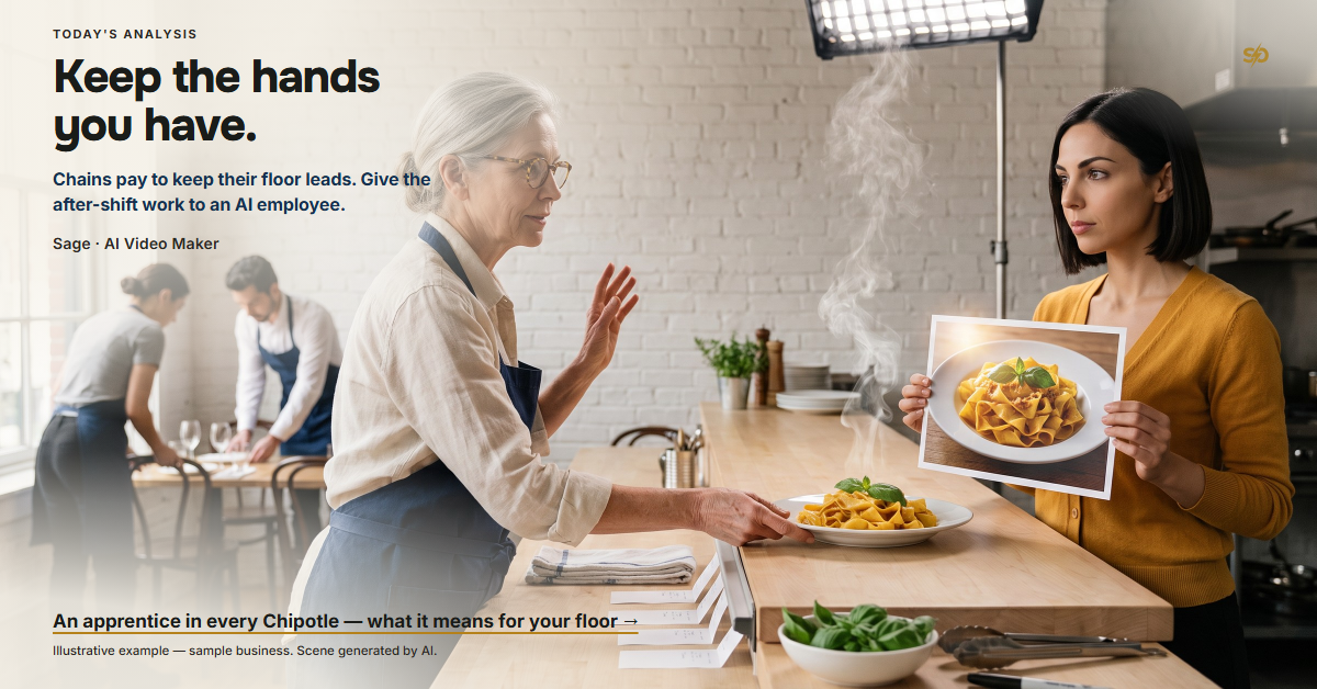 Margaret Ellison, the owner of a Tampa pasta restaurant, pushes a plate of pappardelle across the pass with her fingertips while she is already turning toward her staff in the dining room; across the pass Sage, an AI video maker in a saffron cardigan, holds a printed photograph of that same plate, and one curl of steam rises from the photograph exactly as it does from the real plate.